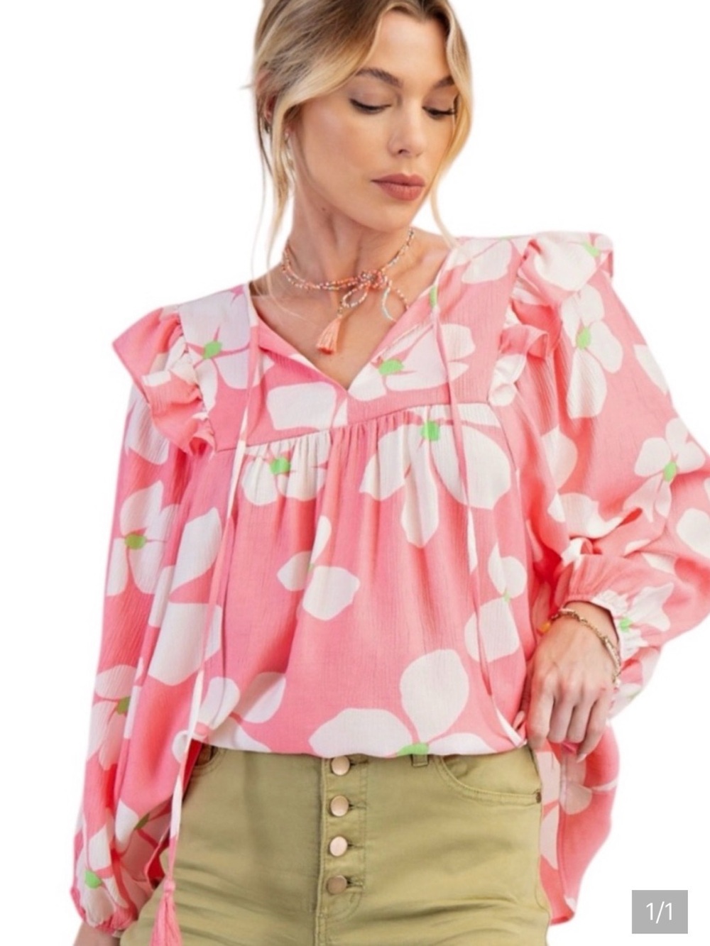easel Pink Floral Ruffle-Sleeve Peasant Blouse